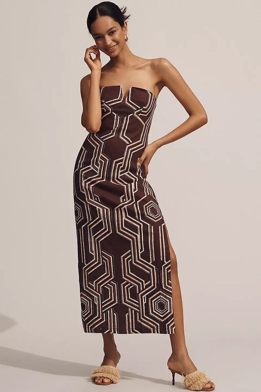 Anthropologie Strapless Linen Midi Y2K babydoll Dress Sz 4 Brown/Cream A011178